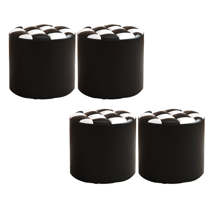Mid-Century Modern Pouf Ottoman Faux Leather Tufted Square Pattern Round Ottoman