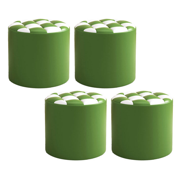 Mid-Century Modern Pouf Ottoman Faux Leather Tufted Square Pattern Round Ottoman