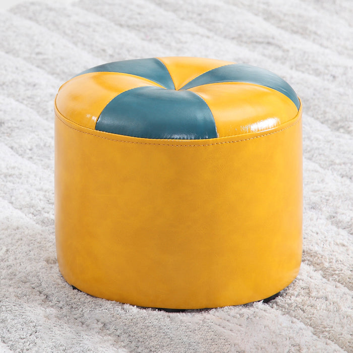 Vintage Indoor Leather Ottoman Patchwork Color Block Round Tufted Pouf Ottoman