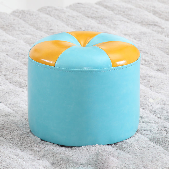 Vintage Indoor Leather Ottoman Patchwork Color Block Round Tufted Pouf Ottoman