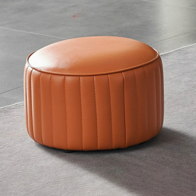 Modern Orange Pouf Water Resistant Round Pure Color Leather Pouf