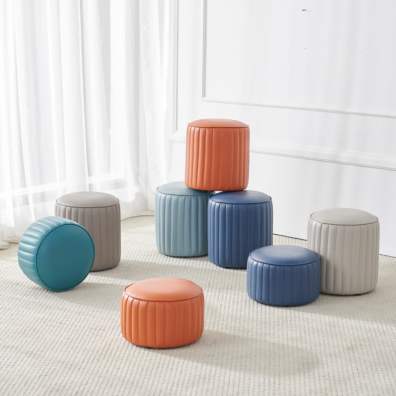 Modern Orange Pouf Water Resistant Round Pure Color Leather Pouf
