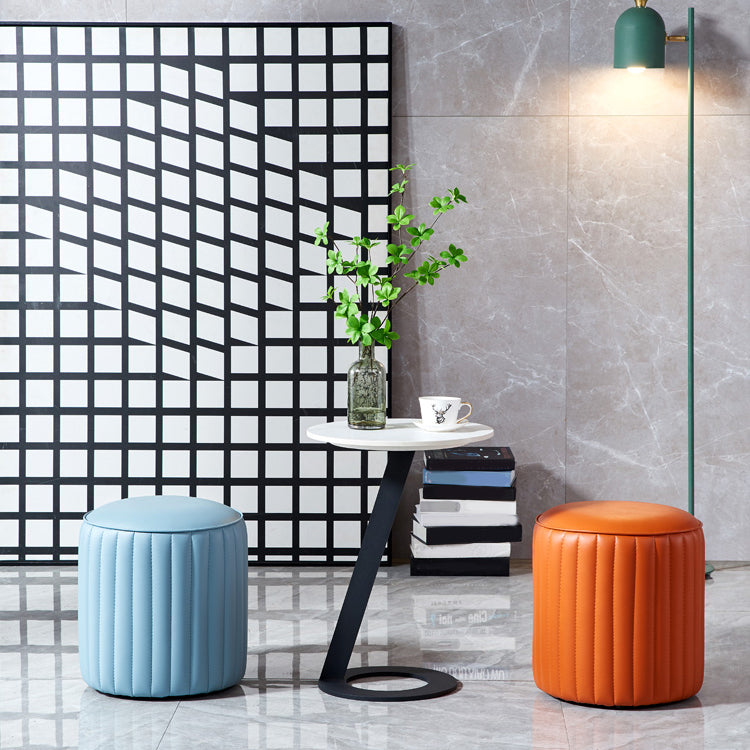 Modern Orange Pouf Water Resistant Round Pure Color Leather Pouf