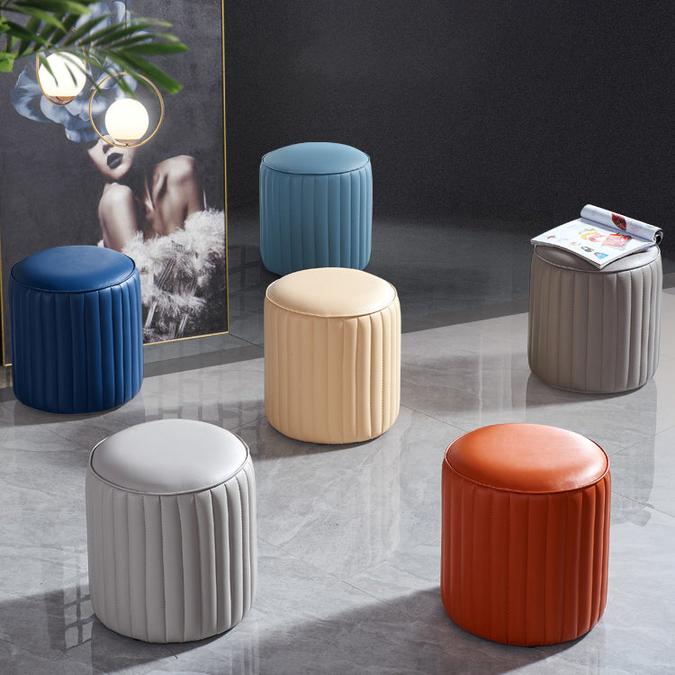 Modern Orange Pouf Water Resistant Round Pure Color Leather Pouf