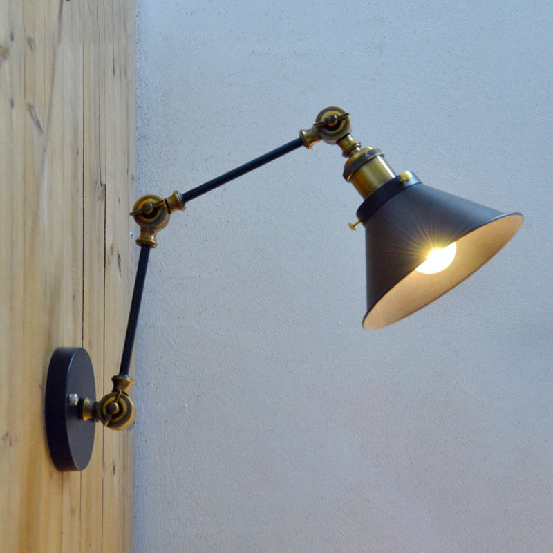 1 Light Wall Light Sconce Antiqued Bedside Swing Arm Wall Mount with Conical Metal Shade in Black