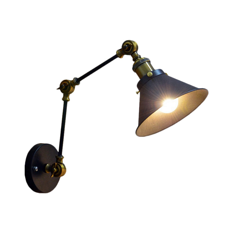 1 Light Wall Light Sconce Antiqued Bedside Swing Arm Wall Mount with Conical Metal Shade in Black