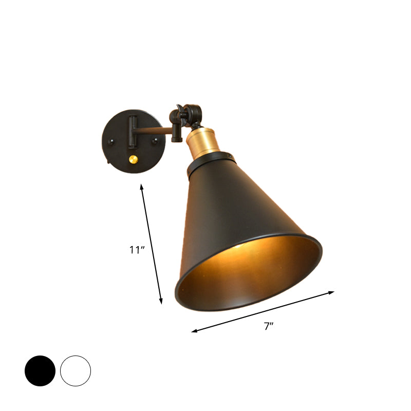 Black/White 1 Head Wall Light Sconce Vintage Iron Conical Swing Arm Wall Mounted Lamp for Study Room