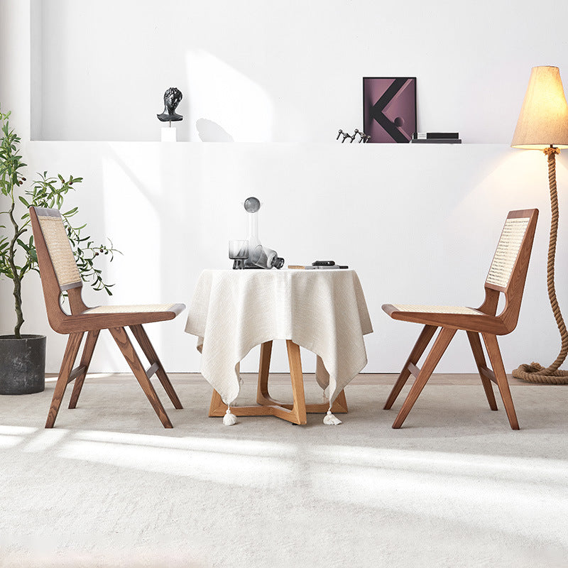 Contemporary Dining Side Chair Solid Wood and Rattan Open Back Armless Chair