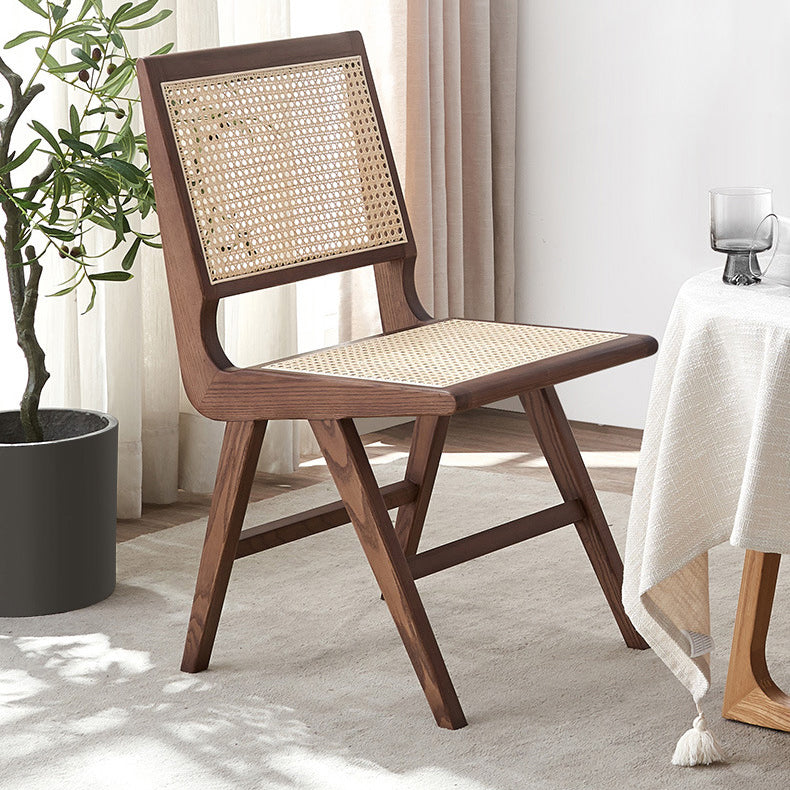 Contemporary Dining Side Chair Solid Wood and Rattan Open Back Armless Chair
