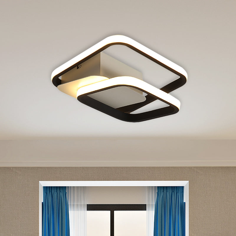 Modernism 2-Square Frame Flushmount Acrylic LED Hallway Ceiling Flush Mount in Black, White/Warm Light