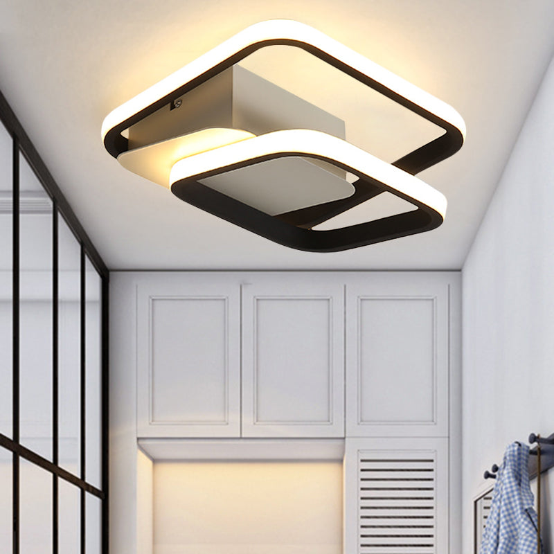 Modernism 2-Square Frame Flushmount Acrylic LED Hallway Ceiling Flush Mount in Black, White/Warm Light