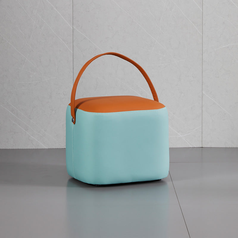 Contemporary Pouf Ottoman Genuine Leather Upholstered Portable Ottoman