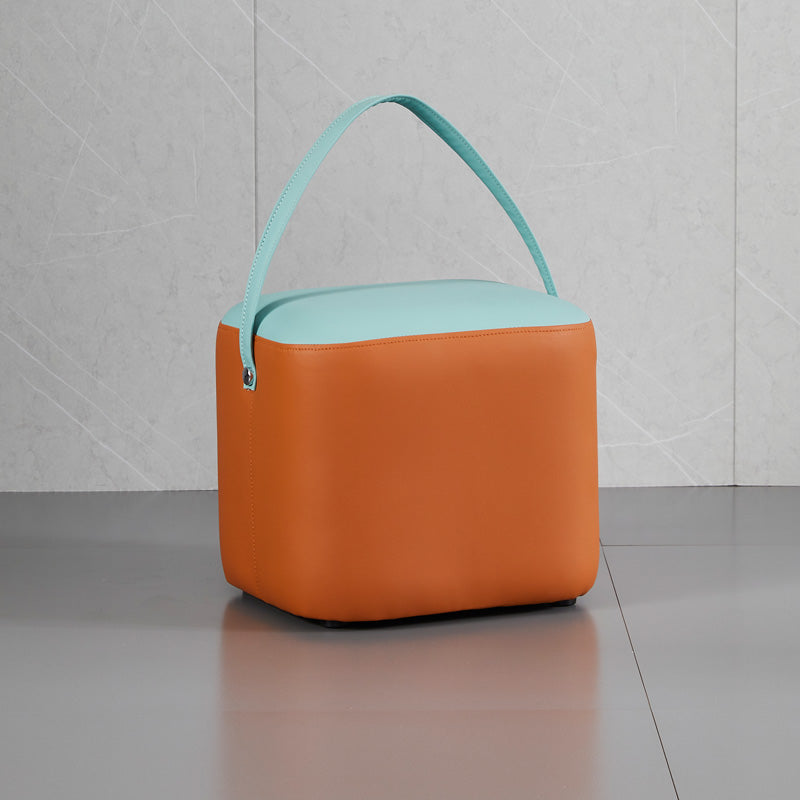 Contemporary Pouf Ottoman Genuine Leather Upholstered Portable Ottoman