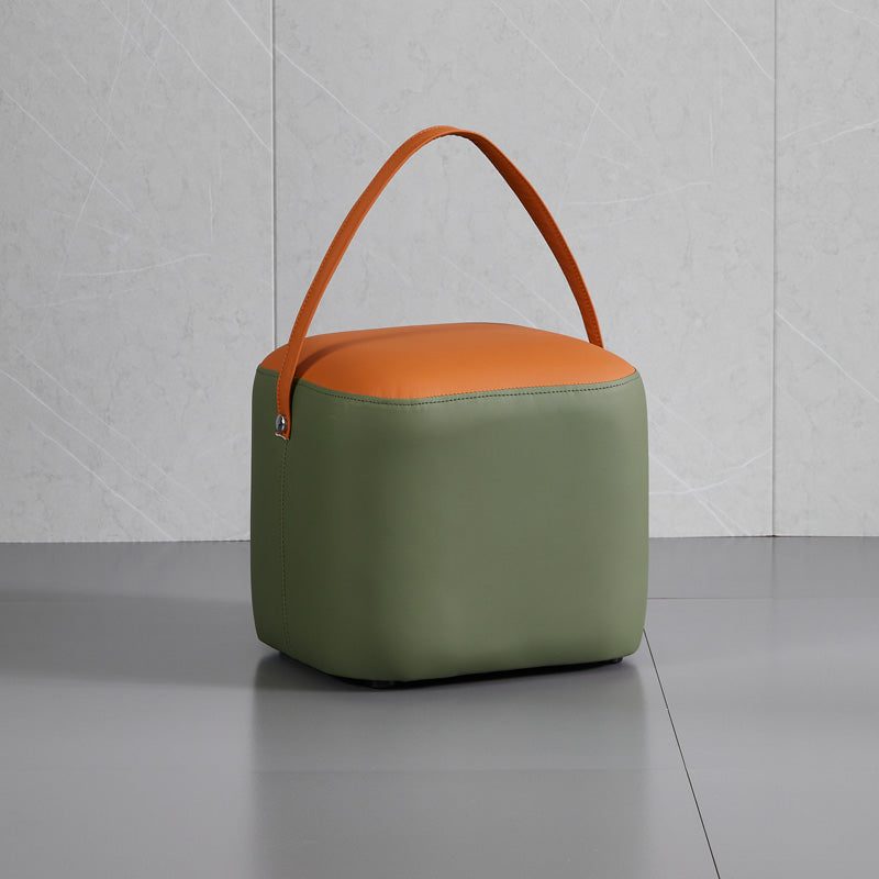 Contemporary Pouf Ottoman Genuine Leather Upholstered Portable Ottoman