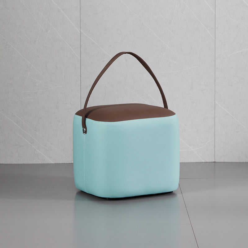 Contemporary Pouf Ottoman Genuine Leather Upholstered Portable Ottoman