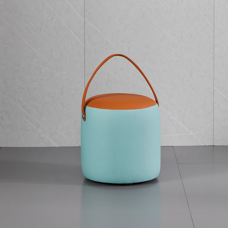 Contemporary Pouf Ottoman Genuine Leather Upholstered Portable Ottoman