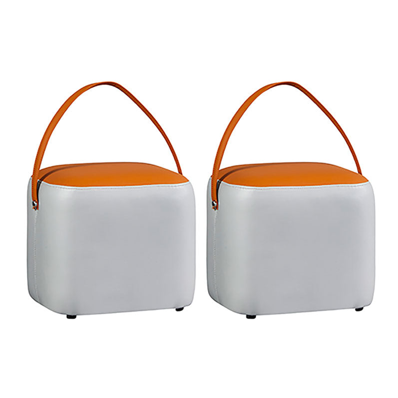 Contemporary Pouf Ottoman Genuine Leather Upholstered Portable Ottoman