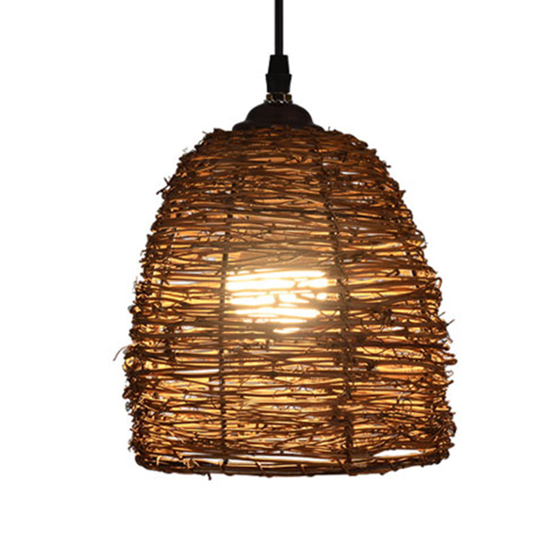 Konische Hanglampe zeitgenössischer Stil Rattan 1 Kopf Beige/braune Federung Licht für Esszimmer