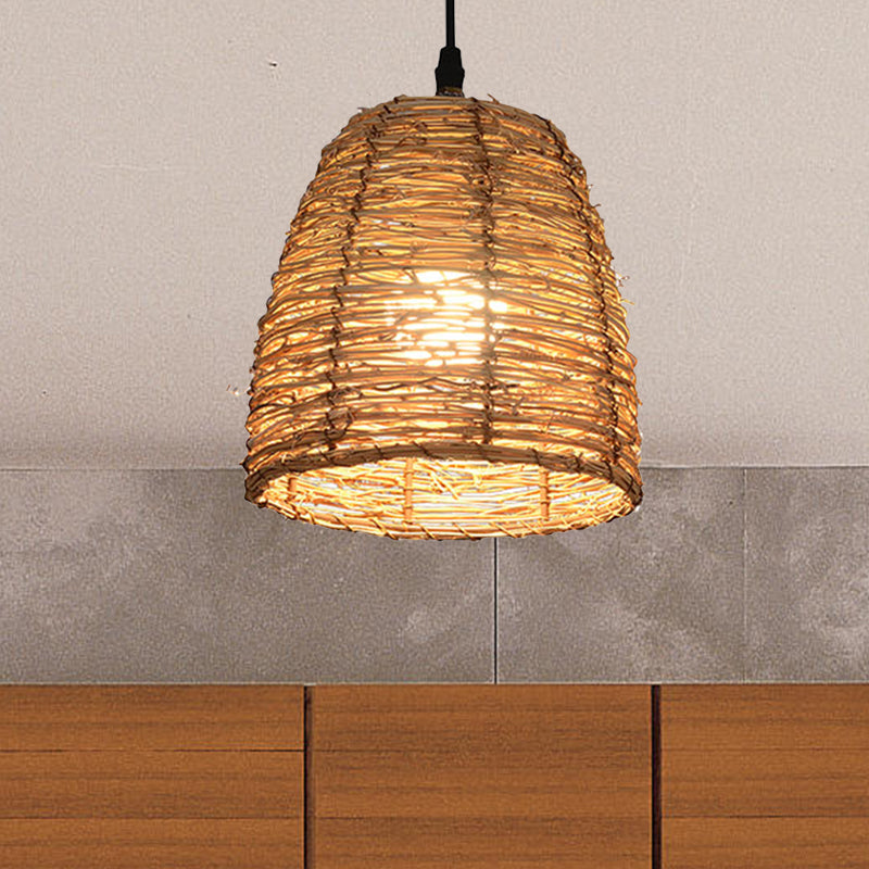 Konische Hanglampe zeitgenössischer Stil Rattan 1 Kopf Beige/braune Federung Licht für Esszimmer