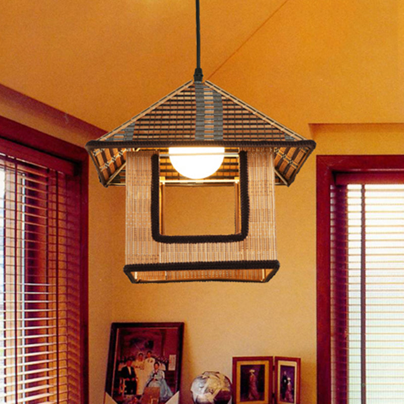 Knitted Bamboo House Shaped Pendant Lamp Farmhouse 1 Light Hanging Light for Cafe Restaurant