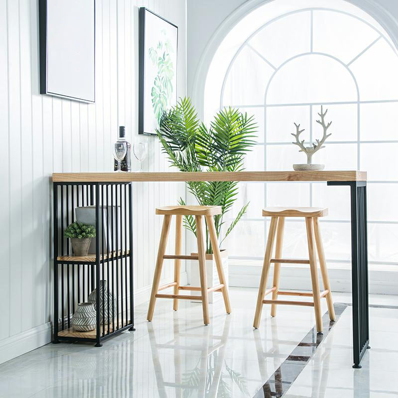 Solid Wood Bistro Table Metal Base Rectangle Bar Height Pub Table with Shelves