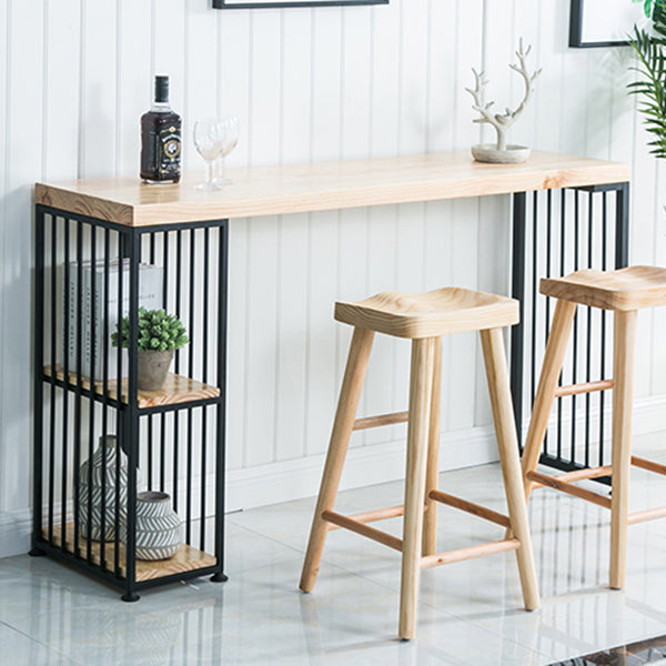 Solid Wood Bistro Table Metal Base Rectangle Bar Height Pub Table with Shelves