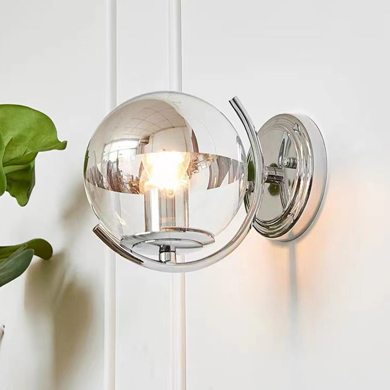 1-Light Modern Wall Lamp Silver Wall Mount Lamp with Glass Shade for Bedroom