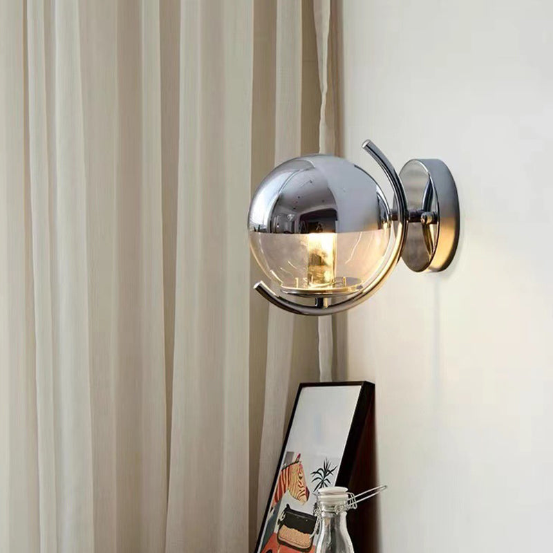 1-Light Modern Wall Lamp Silver Wall Mount Lamp with Glass Shade for Bedroom