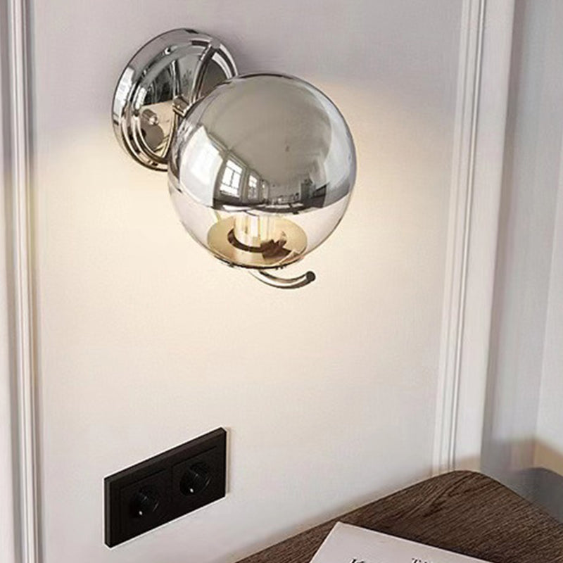 1-Light Modern Wall Lamp Silver Wall Mount Lamp with Glass Shade for Bedroom