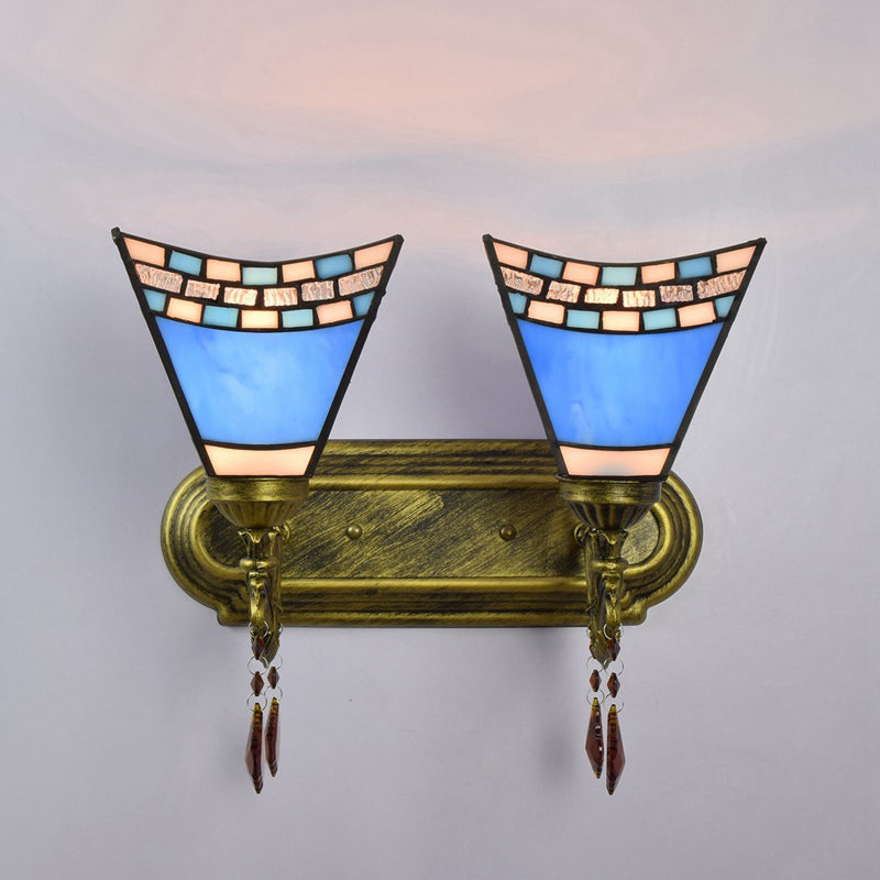 Tiffany Geometric Vanity Lighting Glass 2-Light Vanity Lamp in Blue