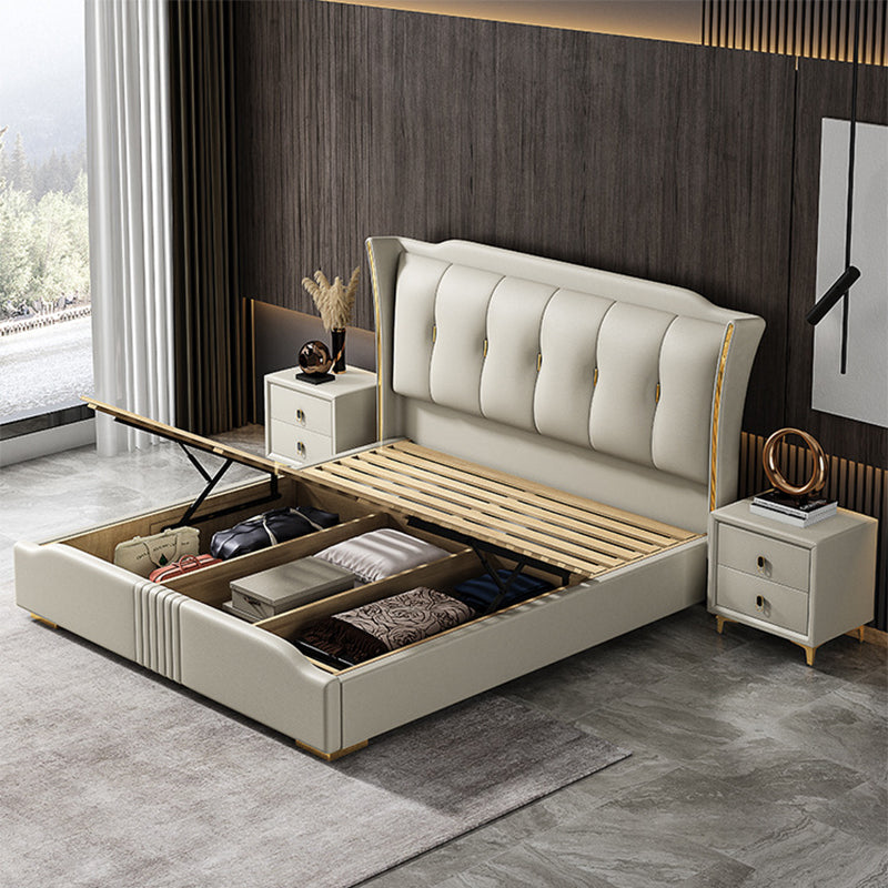 84.65 inch Wide Victorian Wingback Bed Pine Wood Bed with Upholstered Headboard