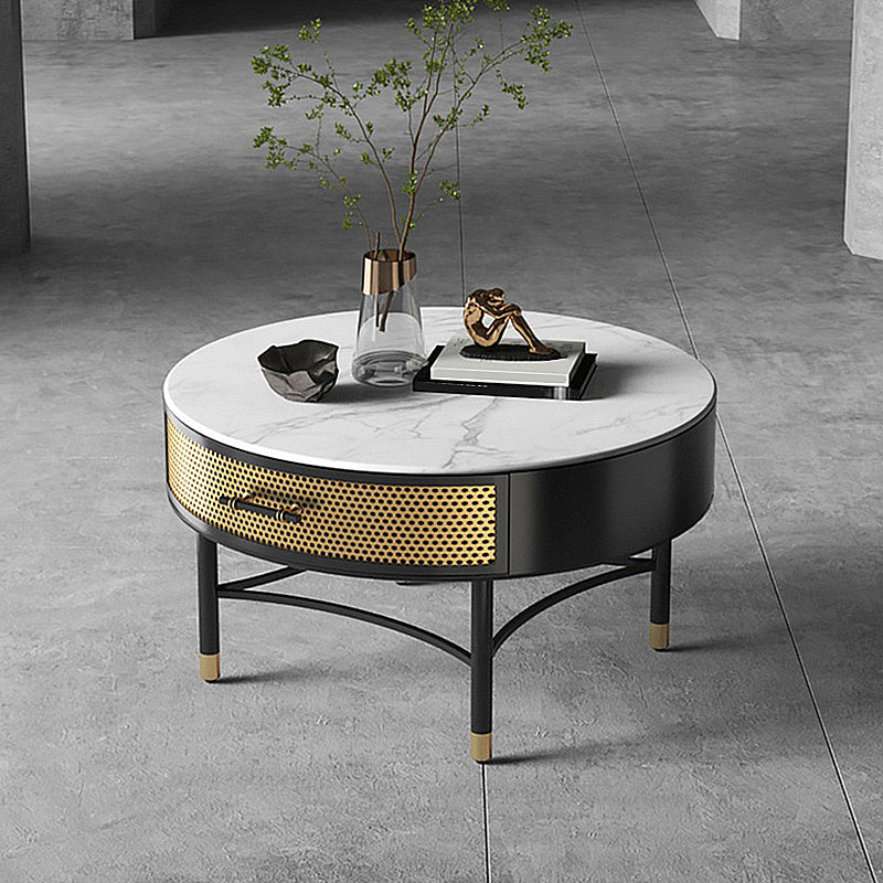 17.7" H Round Slate Coffee Table 4 Legs Cocktail Table with Drawer