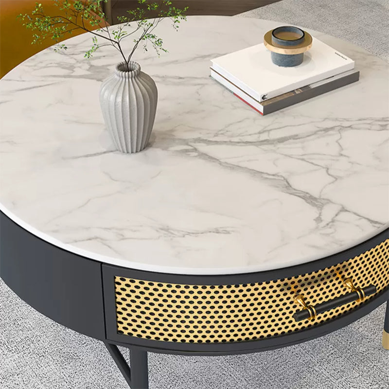 17.7" H Round Slate Coffee Table 4 Legs Cocktail Table with Drawer