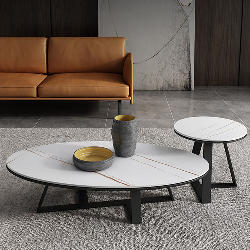 Frame Base Coffee Table Glam Elliptical Stone Top Cocktail Table
