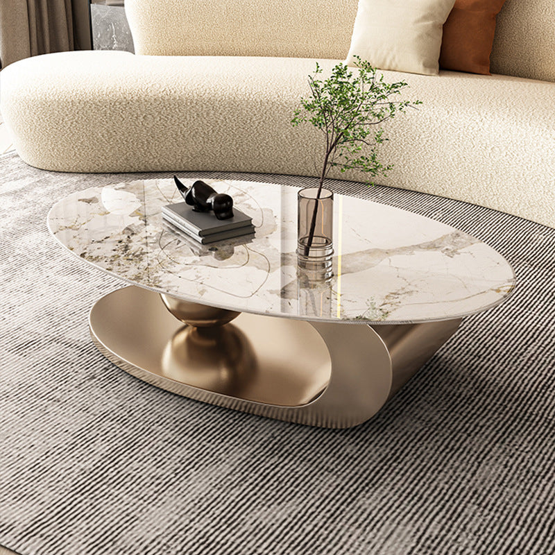 Elliptical Stone Glam Abstract Coffee Cocktail Table with Floor Shelf