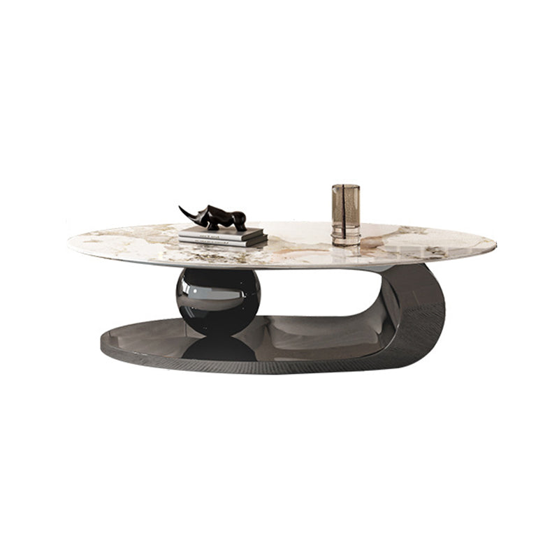 Elliptical Stone Glam Abstract Coffee Cocktail Table with Floor Shelf