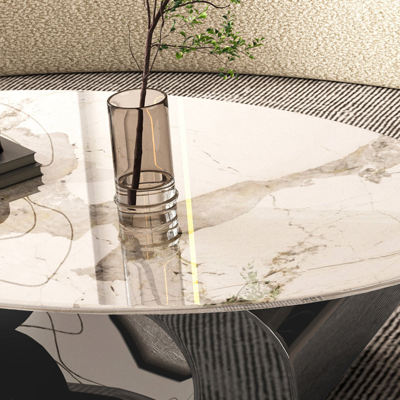 Elliptical Stone Glam Abstract Coffee Cocktail Table with Floor Shelf