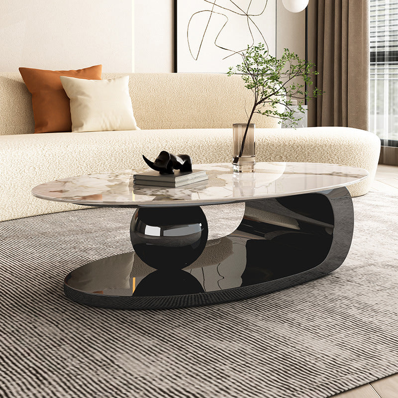Elliptical Stone Glam Abstract Coffee Cocktail Table with Floor Shelf