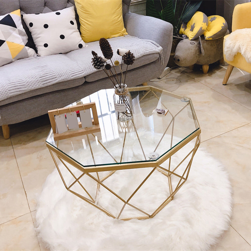 Modern Coffee Table with Glass Top and Iron Frame Base Cocktail Table