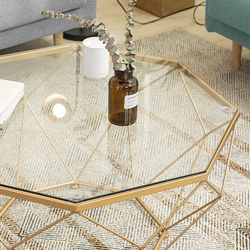 Modern Coffee Table with Glass Top and Iron Frame Base Cocktail Table