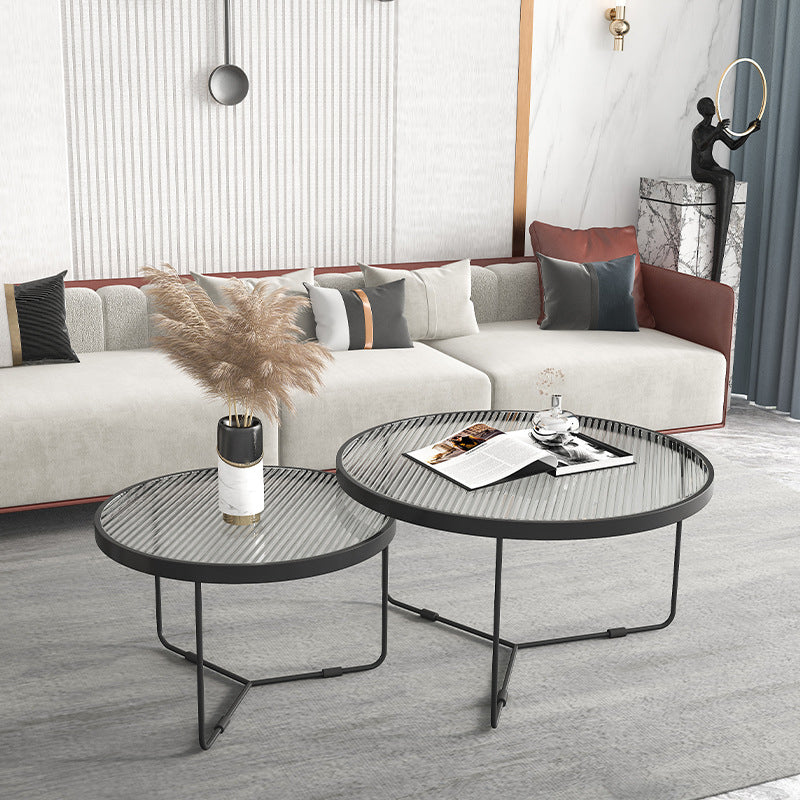 Contemporary Round Nesting Coffee Table with Glass Top and Iron Base