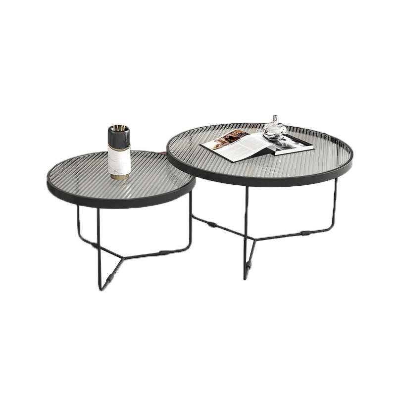 Contemporary Round Nesting Coffee Table with Glass Top and Iron Base
