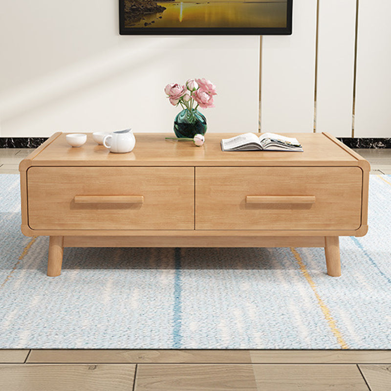 Scandinavian Coffee Table with 2 Drawers and 4 Wooden Legs in Rubberwood