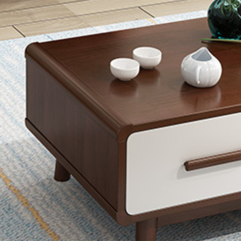 Scandinavian Coffee Table with 2 Drawers and 4 Wooden Legs in Rubberwood