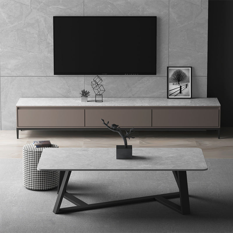 Slate Rectangular Coffee Table Metal Frame Cocktail Table in White & Gray