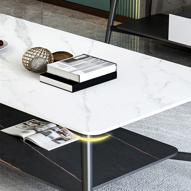 4 Legs 1 Single Coffee Table Rectangular Slate Cocktail Table with Shelf