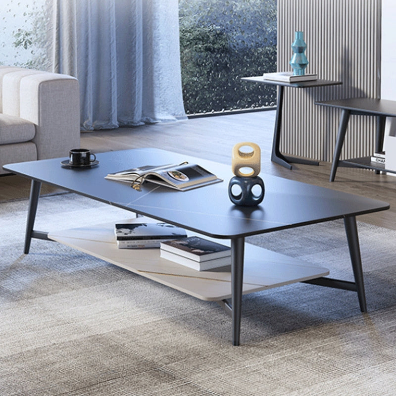 4 Legs 1 Single Coffee Table Rectangular Slate Cocktail Table with Shelf