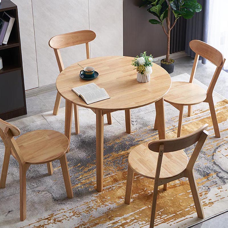 Rubberwood Solid Wood Dining Table Round Dining Table in Walnut and Natural