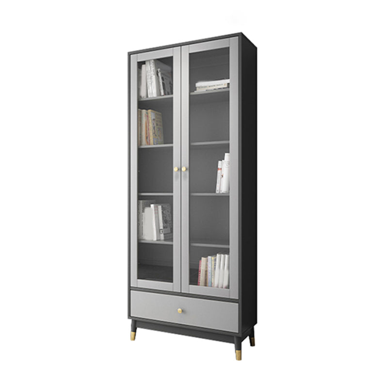 Faux Wood Modern Storage Cabinet Glass Doors Display Cabinet with Drawer for Living Room