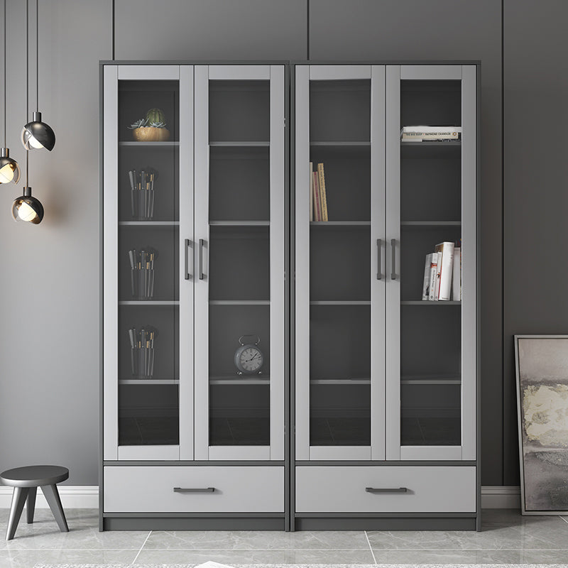 Faux Wood Modern Storage Cabinet Glass Doors Display Cabinet with Drawer for Living Room